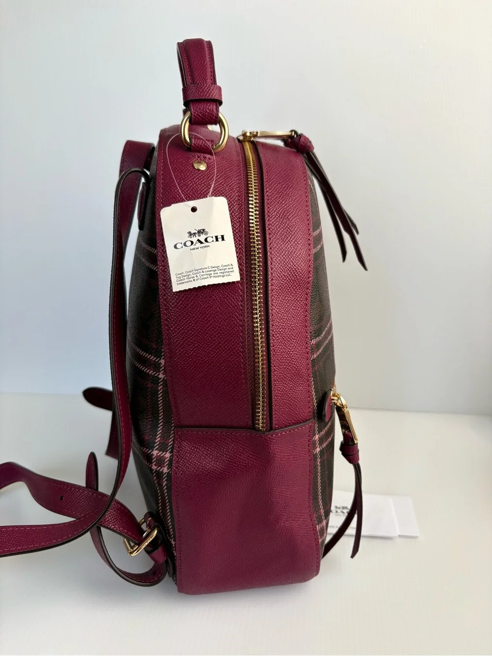 Coach Jordyn Backpack  Signature Plaid Brown/Fuchsia MFSRP $428 NWT